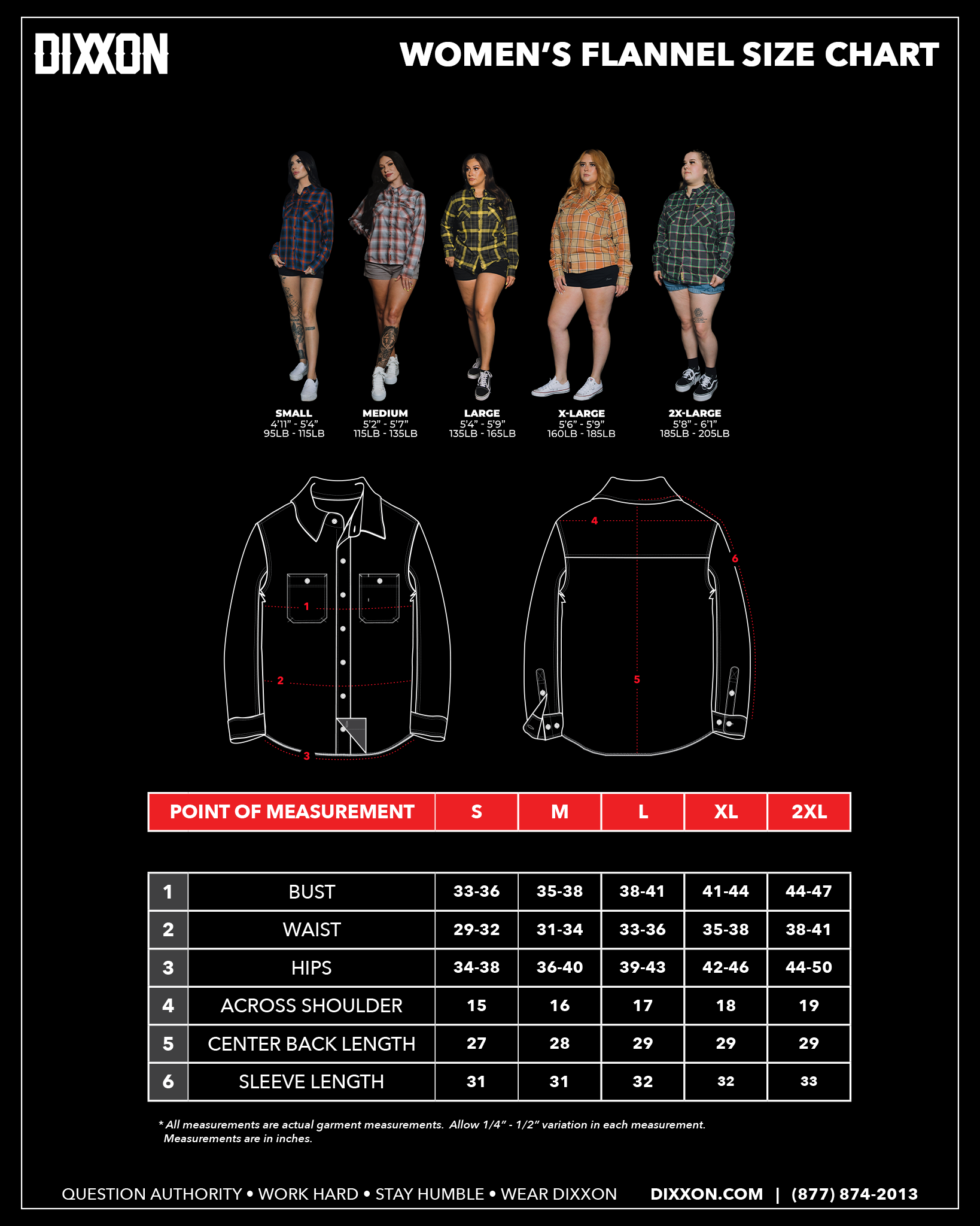 Women's Flannel Size Chart