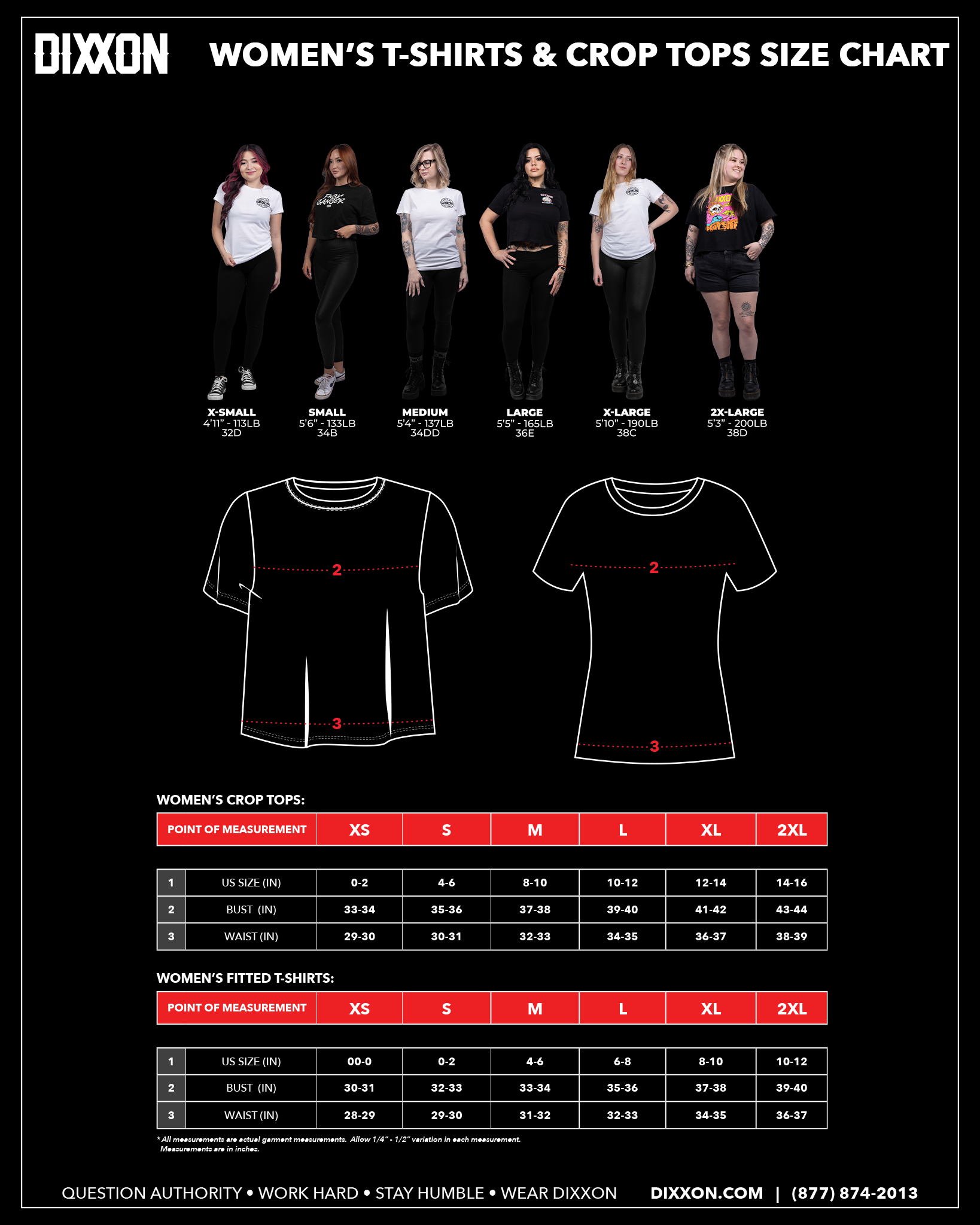 Women's Tees & Crop Tops Size Chart