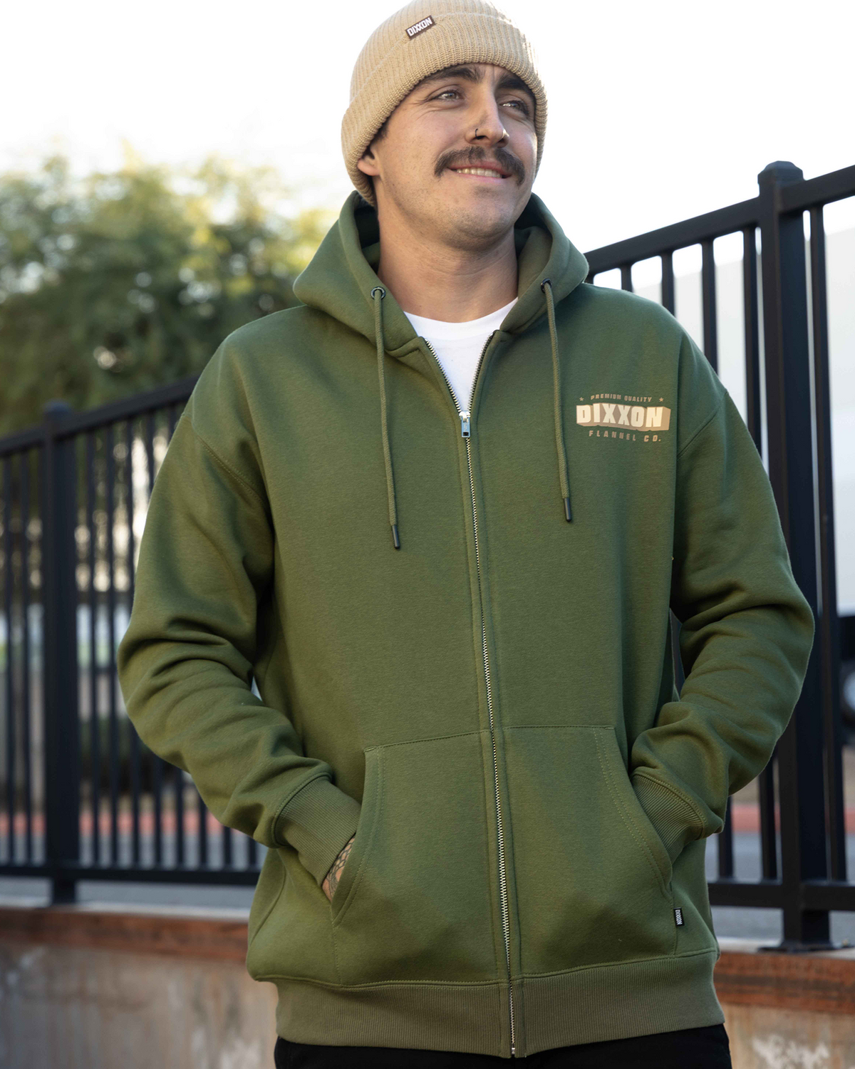 Tan Grille Zip Up Hoodie - O.D. Green view 5