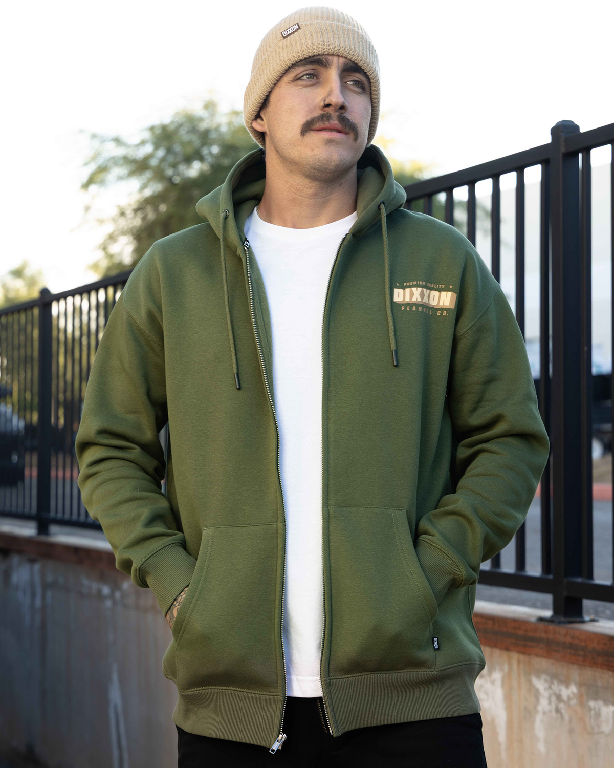 Tan Grille Zip Up Hoodie - O.D. Green view 7