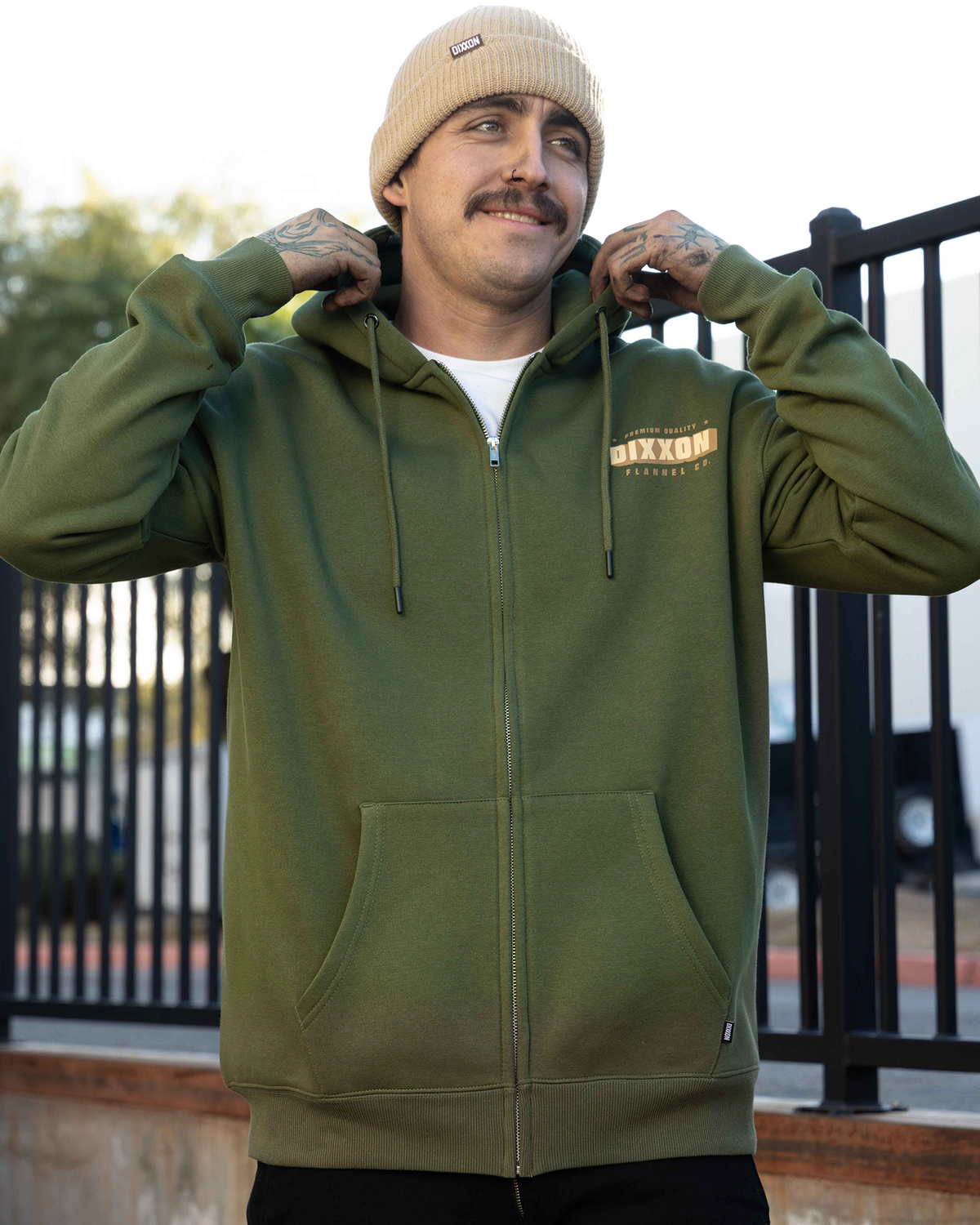 Tan Grille Zip Up Hoodie - O.D. Green view 6