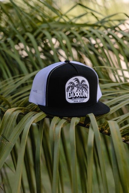 Dueling Palms Flat Bill Trucker Snapback- White & Black - Dixxon Flannel Co.