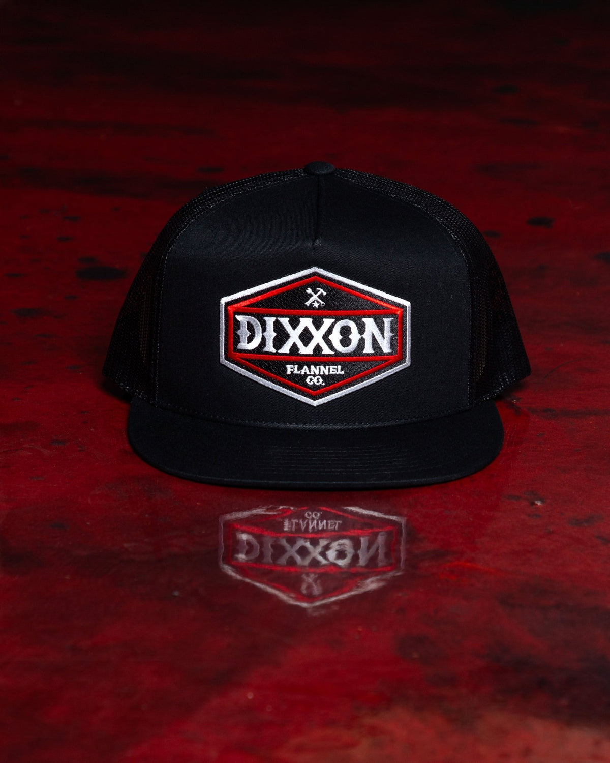 Foundry Shield Flat Bill Trucker Snapback - Black & Red - Dixxon Flannel Co. view 4