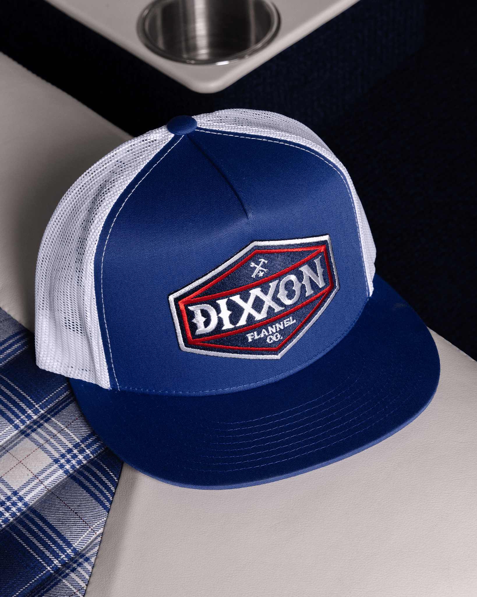 Foundry Shield Flat Bill Trucker Snapback - Blue & Red - Dixxon Flannel Co. view 3