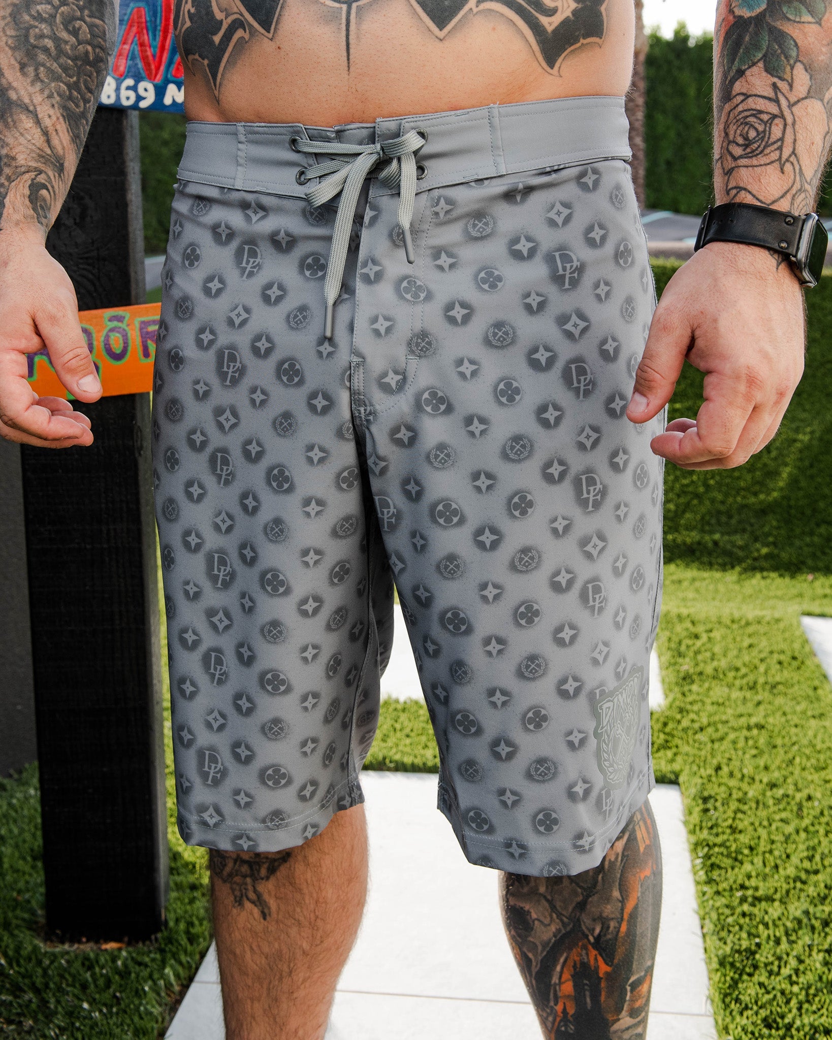 Dixxon Gray & Black Boardshorts: Shop Now