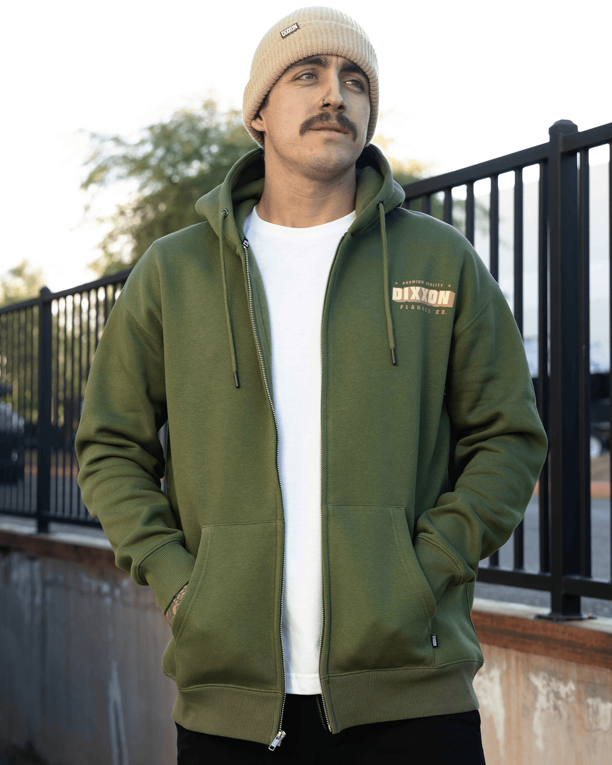 Tan Grille Zip Up Hoodie - O.D. Green - view 7