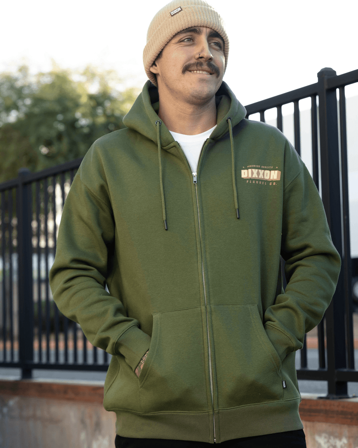 Tan Grille Zip Up Hoodie - O.D. Green - view 5