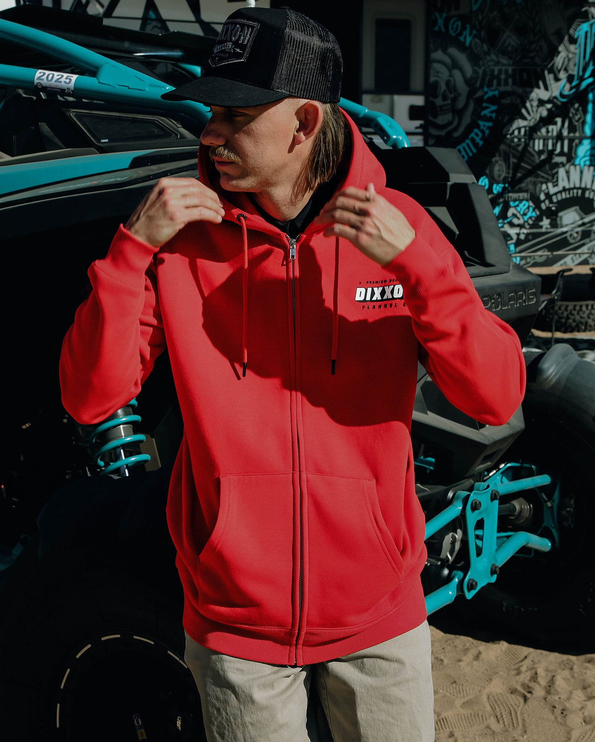 Black & White Grille Zip Up Hoodie - Red - view 5