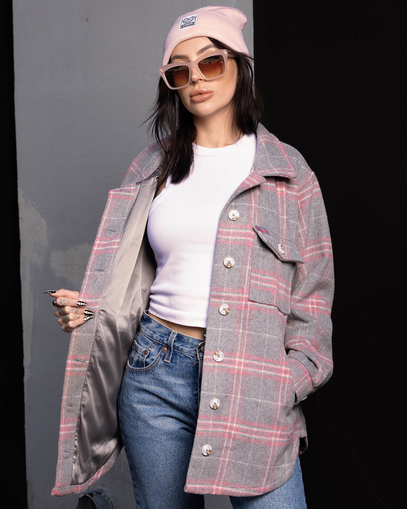Women's Long Shacket - Gray & Pink - Dixxon Flannel Co.