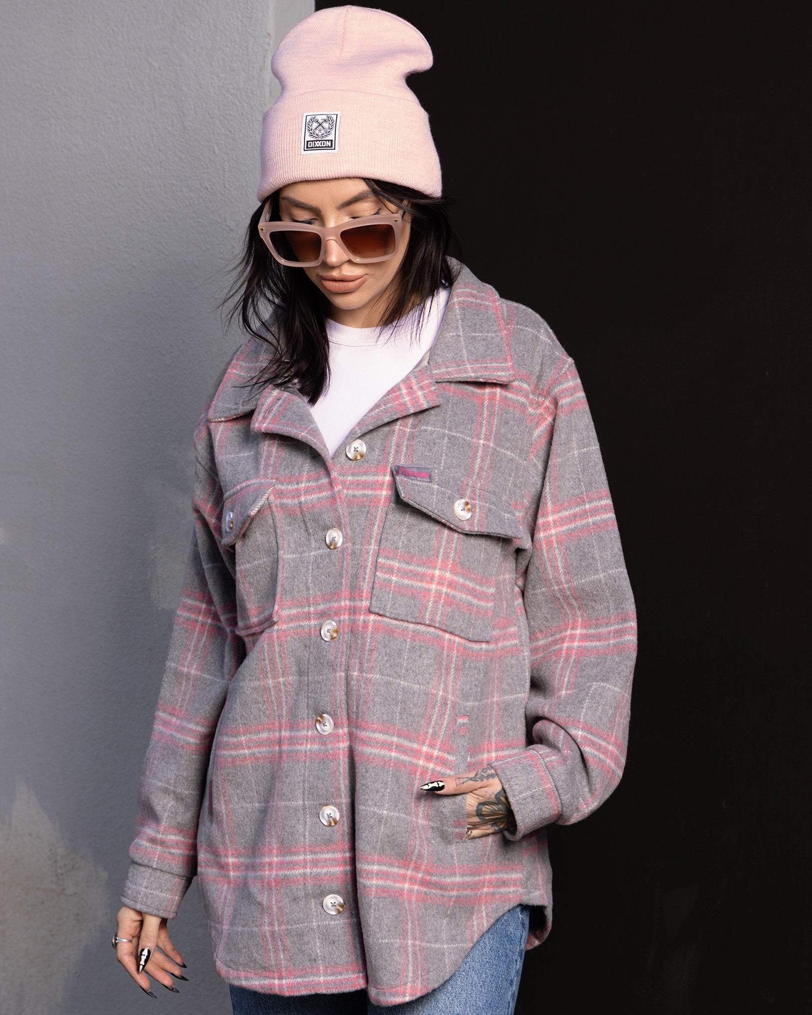 Women's Long Shacket - Gray & Pink - Dixxon Flannel Co.