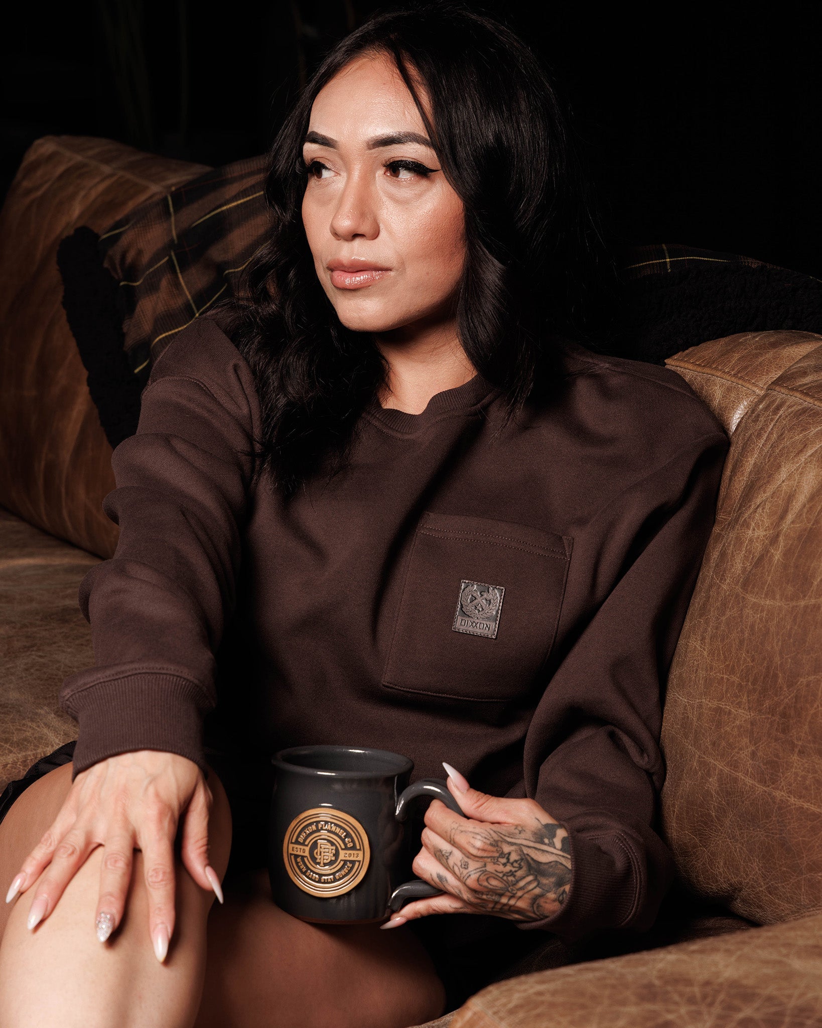 Women's Pocket Crewneck Sweatshirt - Brown - Dixxon Flannel Co.