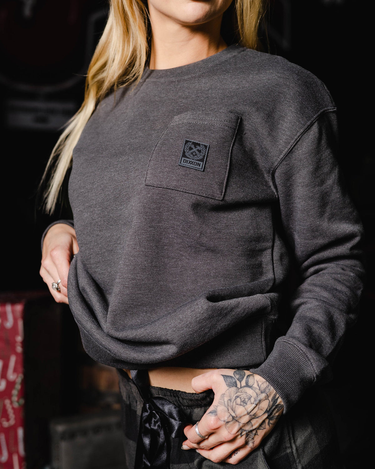 Women's Pocket Crewneck Sweatshirt - Heather Charcoal - Dixxon Flannel Co. view 4