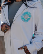 Women's Tiffany Work Hard Badge Zip Up Hoodie - White - Dixxon Flannel Co.