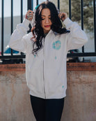 Women's Tiffany Work Hard Badge Zip Up Hoodie - White - Dixxon Flannel Co.