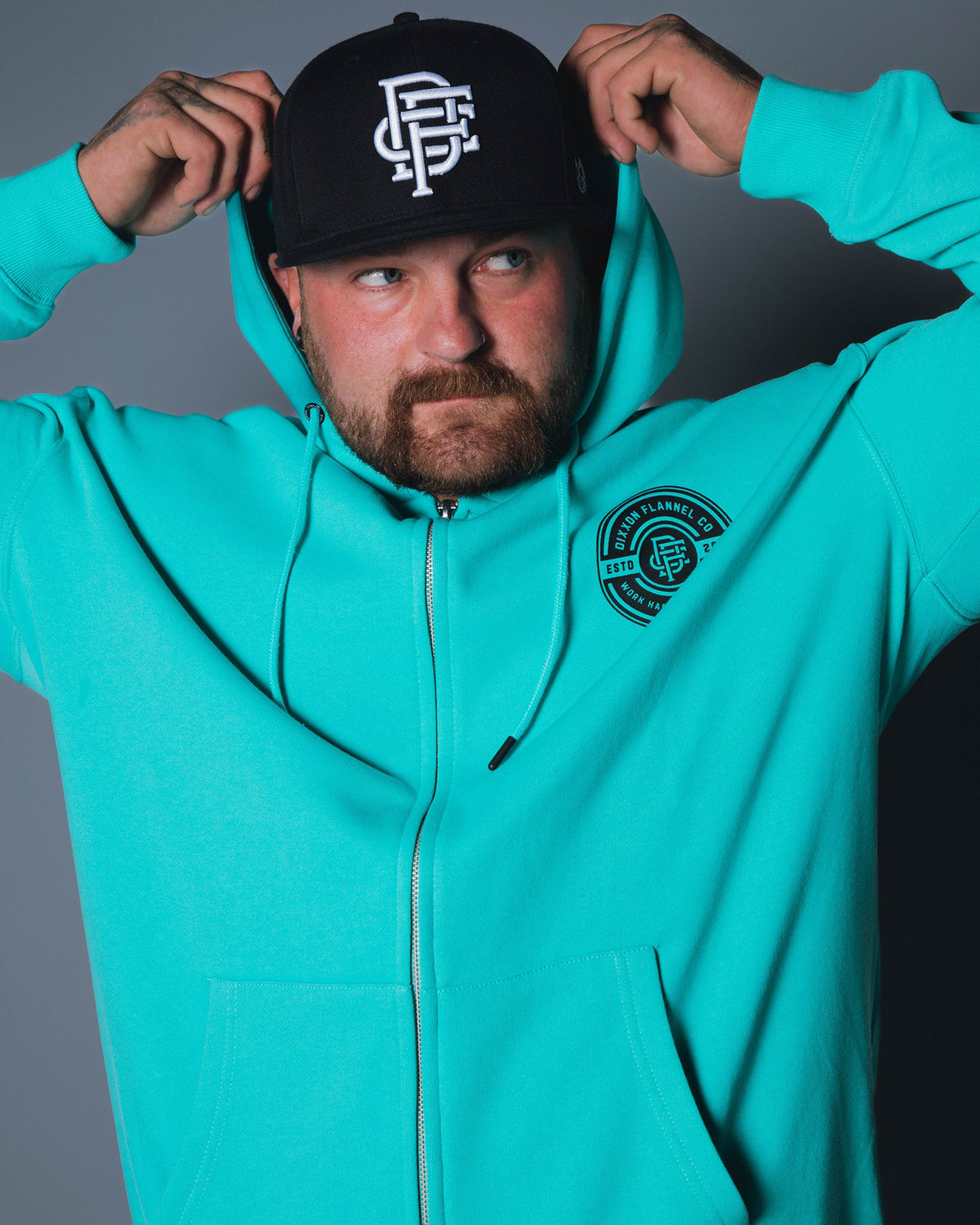Black Work Hard Badge Zip Up Hoodie - Tiffany - view 2