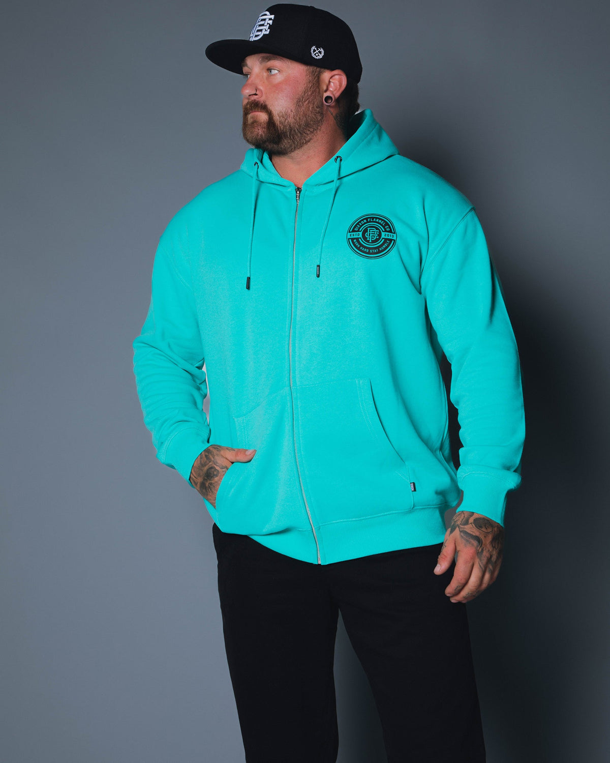 Black Work Hard Badge Zip Up Hoodie - Tiffany - view 4