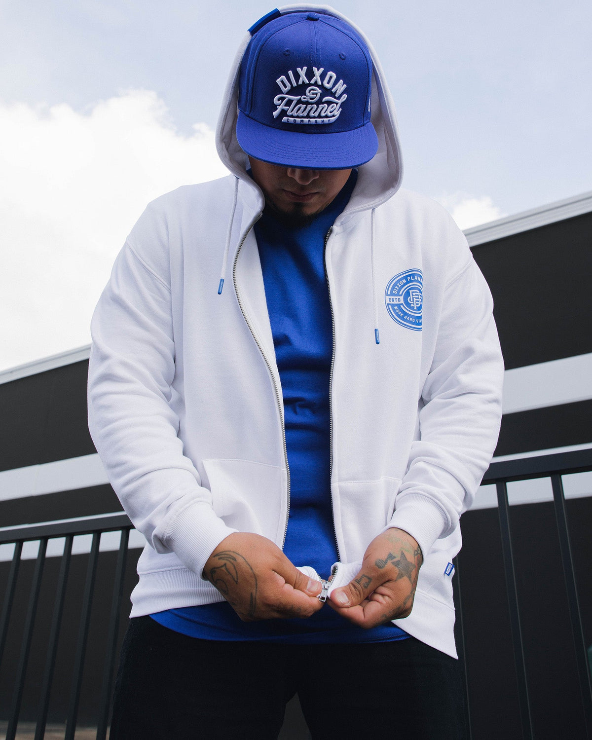 Blue Work Hard Badge Zip Up Hoodie - White - view 3