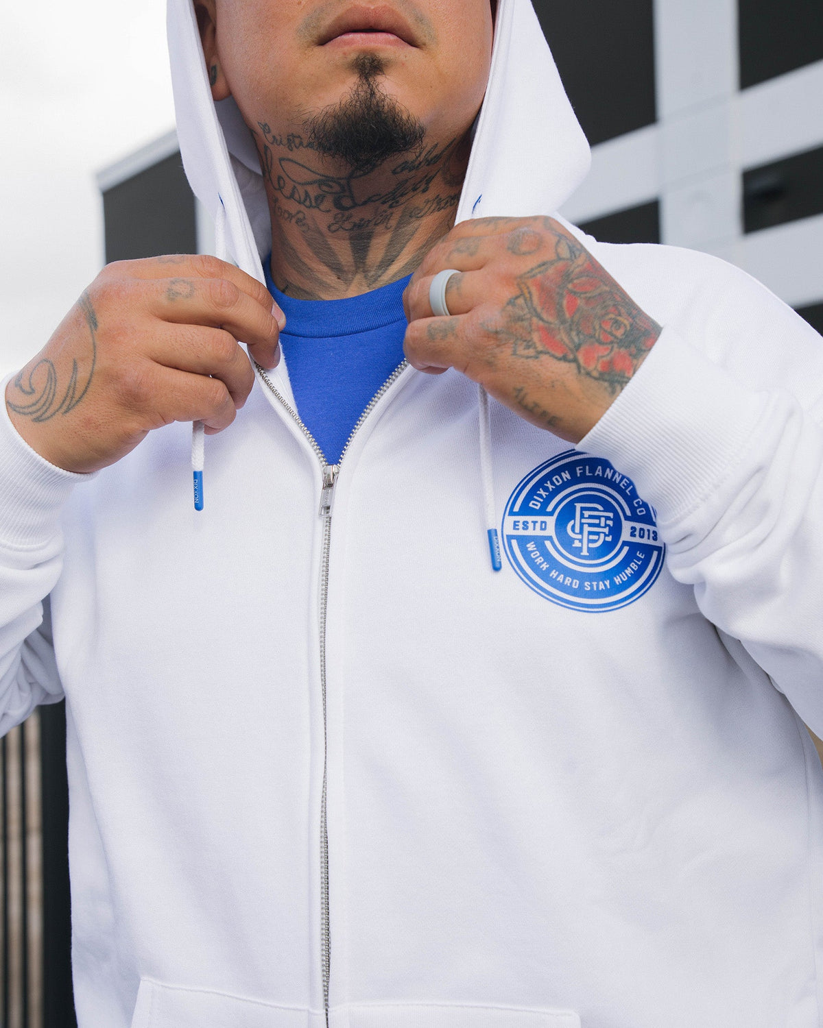 Blue Work Hard Badge Zip Up Hoodie - White - view 2