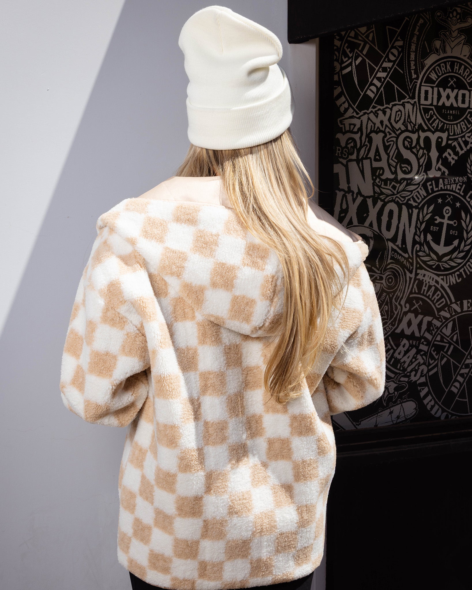 Women's Checkered Sherpa Cardigan - Tan & White | Dixxon Flannel Co.
