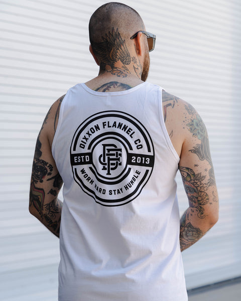 Work Hard Badge Tank - White | Dixxon Flannel Co.