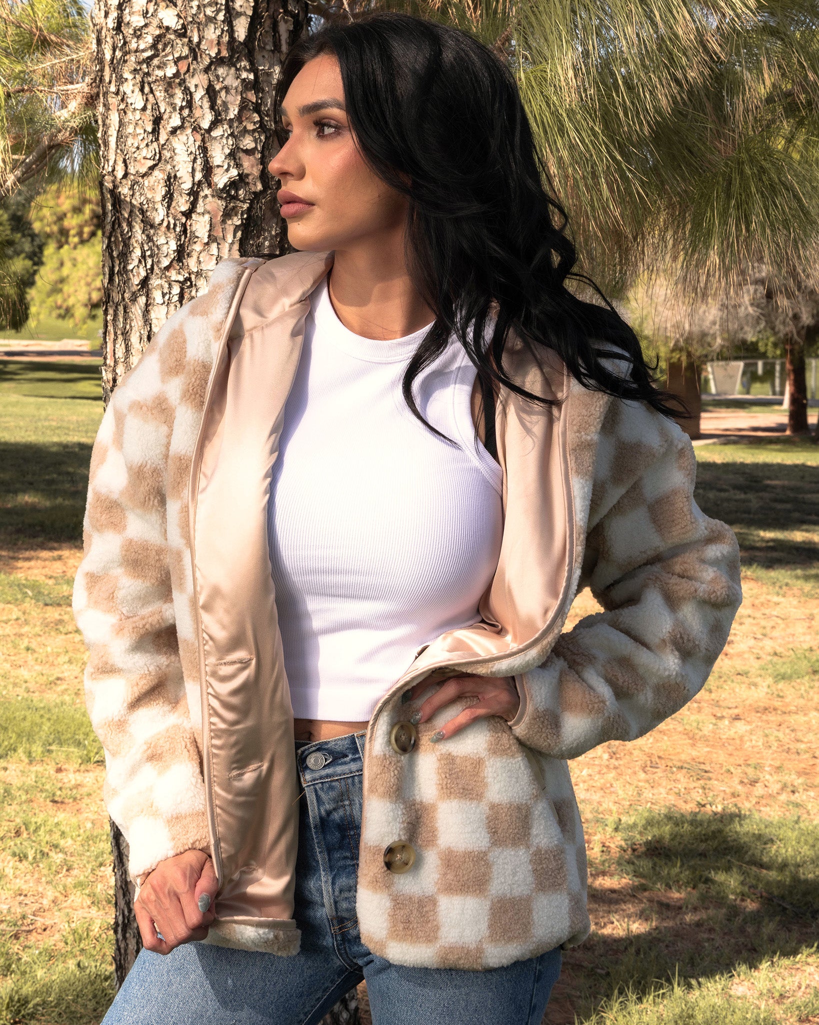 Dixxon Women's Sherpa Cardigan: Tan & White Checkered Style