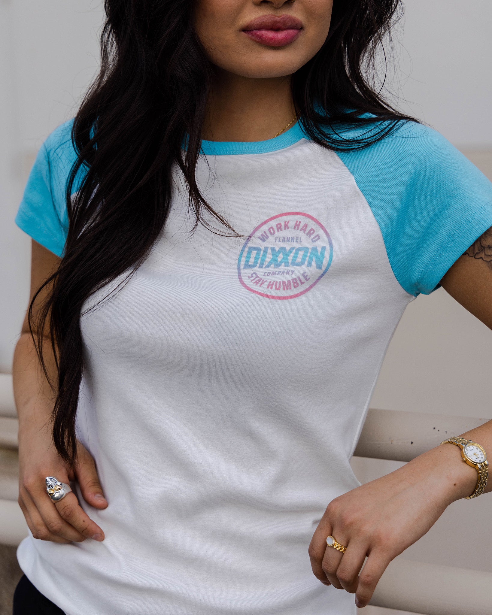 Dixxon Women's Pink & Teal Raglan Tee: Shop Today