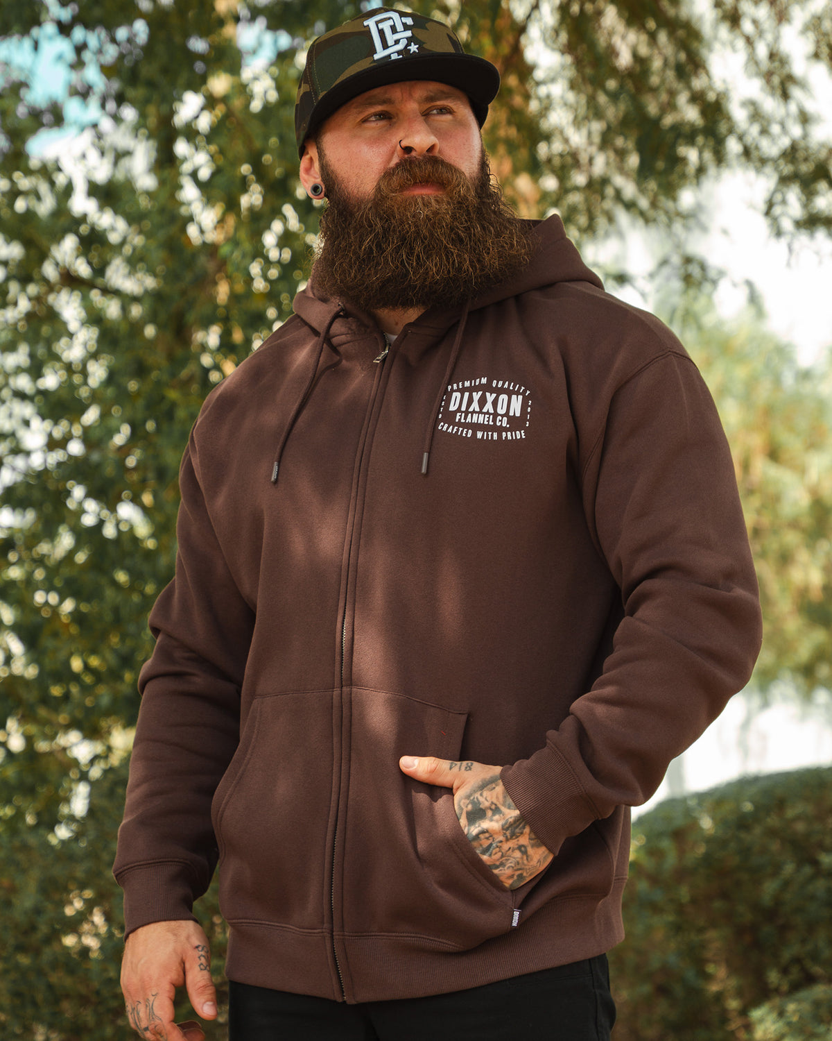 White Over Under Zip Up Hoodie - Brown view 4