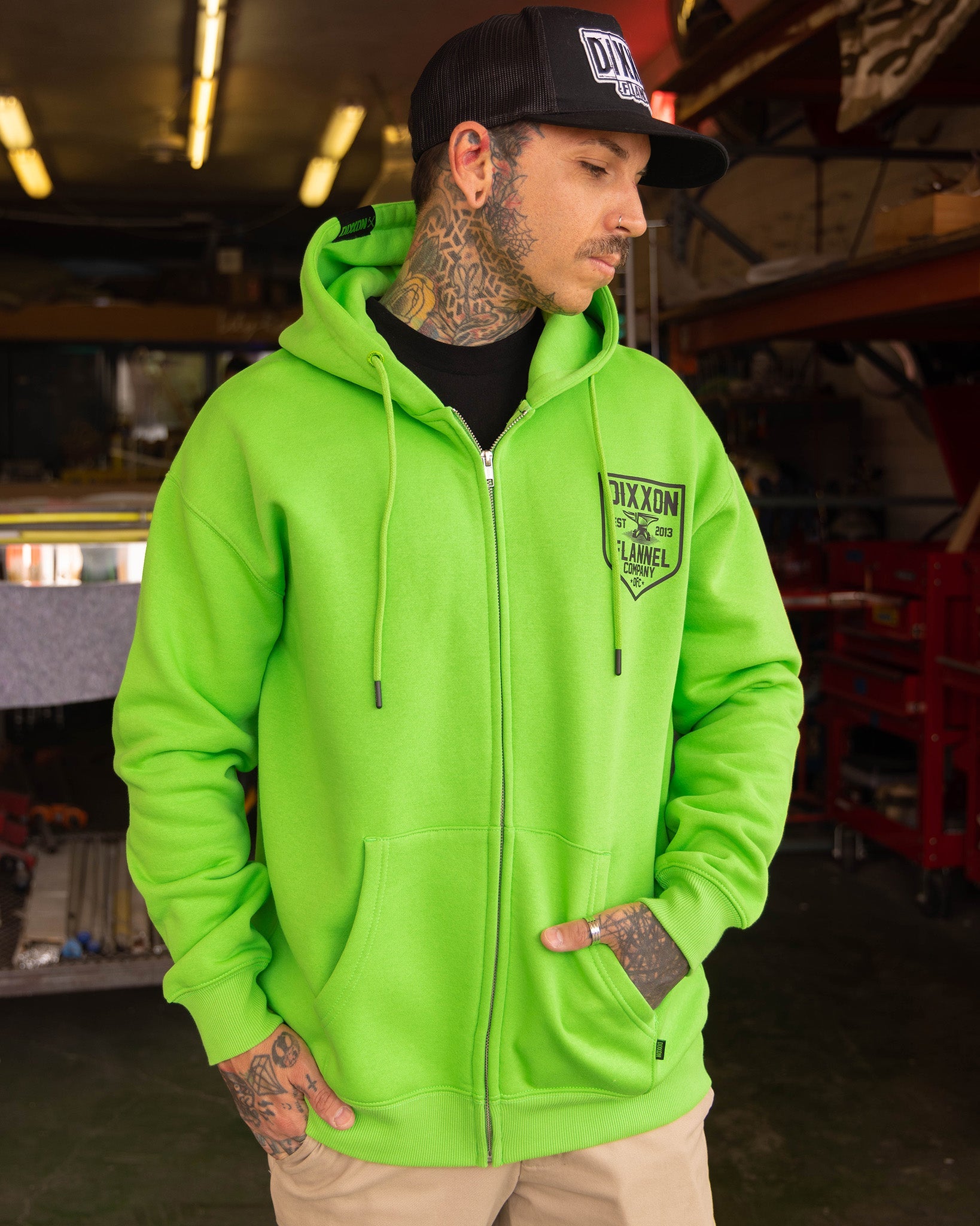 Black DFC Shield Zip Up Hoodie - Safety Green - Dixxon Flannel Co.