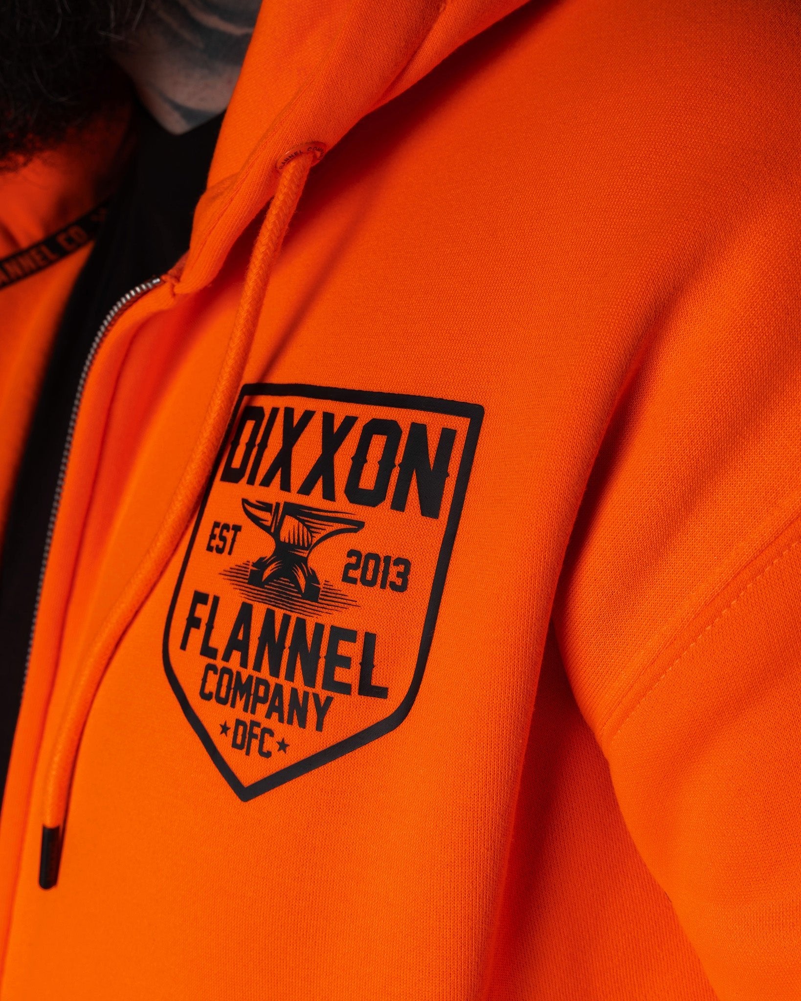 Black DFC Shield Zip Up Hoodie - Safety Orange - Dixxon Flannel Co.