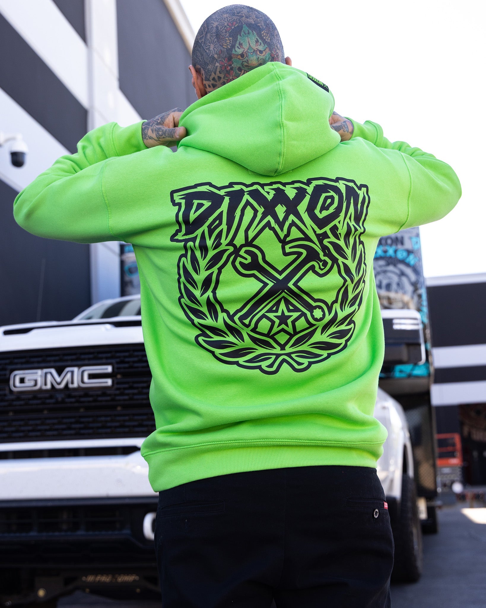 Black Party Crest Pullover Hoodie - Safety Green | Dixxon Flannel Co.