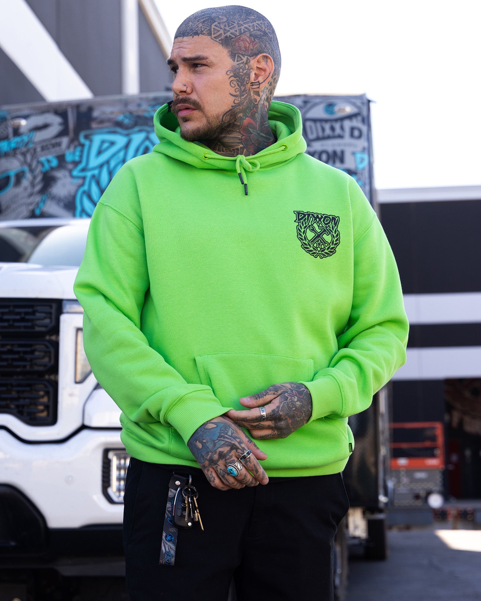 Black Party Crest Pullover Hoodie - Safety Green | Dixxon Flannel Co.