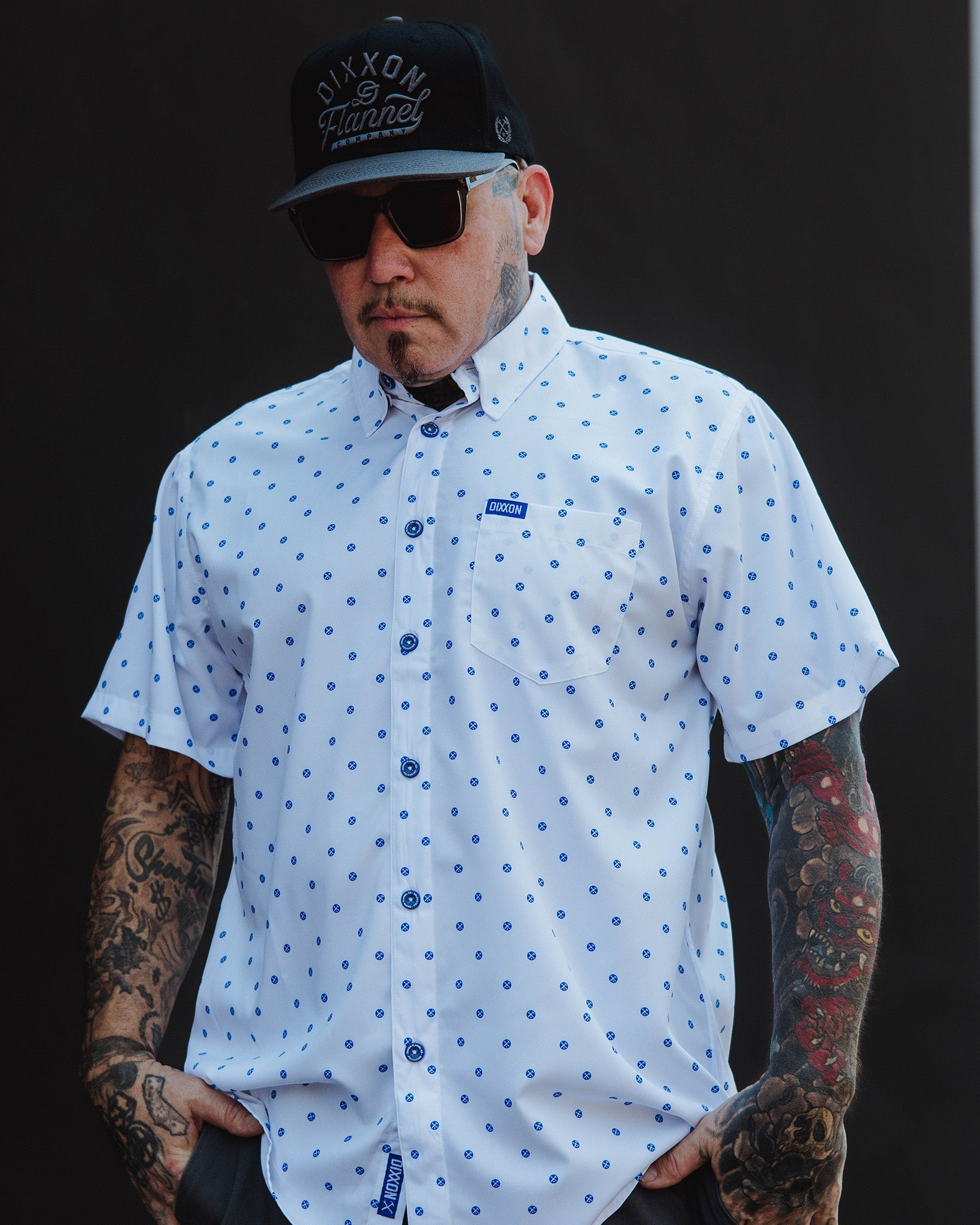 blue dress shirt with white dots Navy dress shirt with white dots