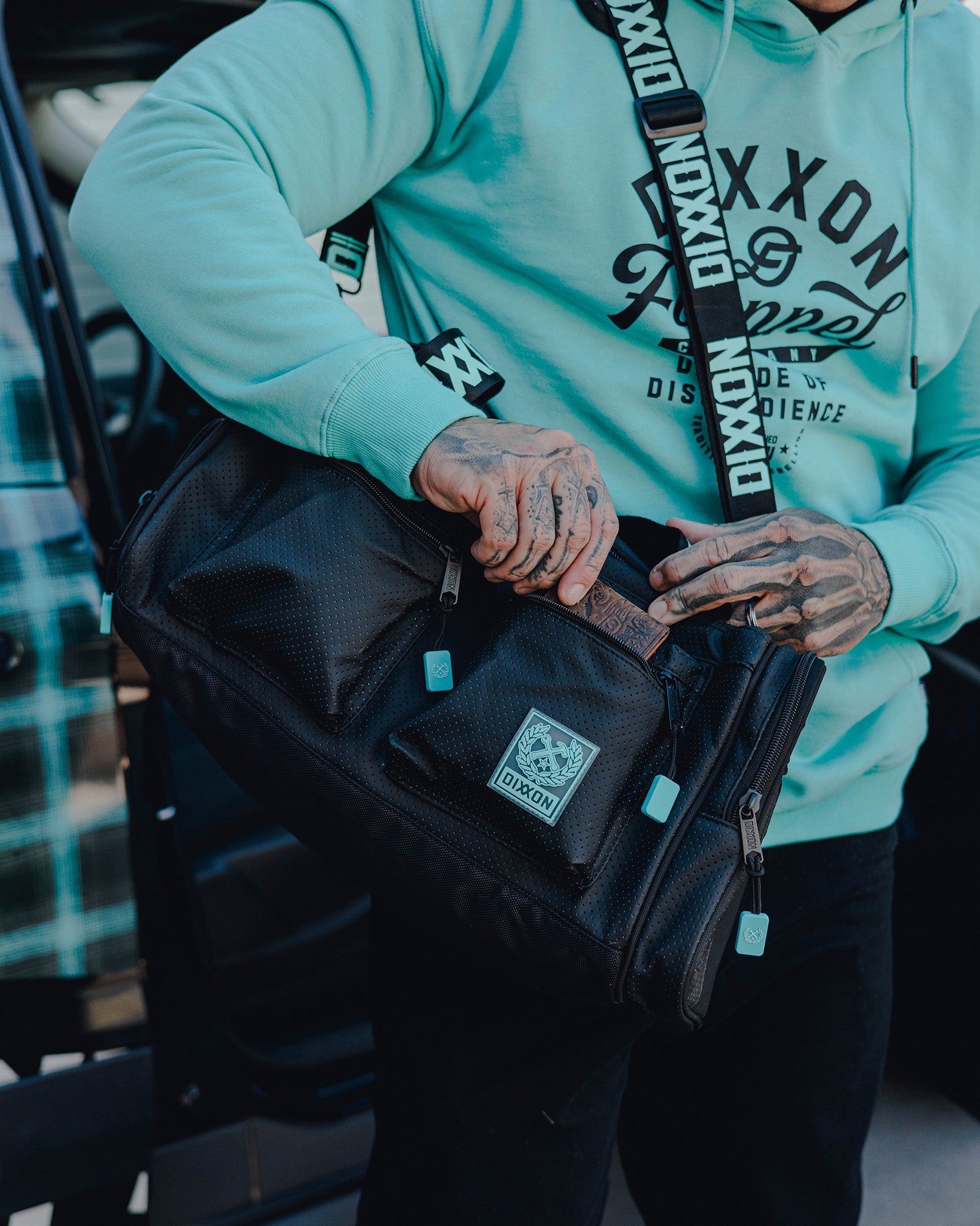 Duffel Bag - Black Perforated Leather - Dixxon Flannel Co.