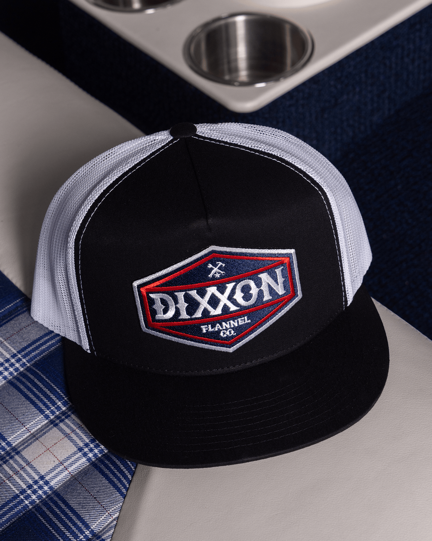 Foundry Shield Flat Bill Trucker Snapback - Blue & Red - Dixxon Flannel Co. view 4