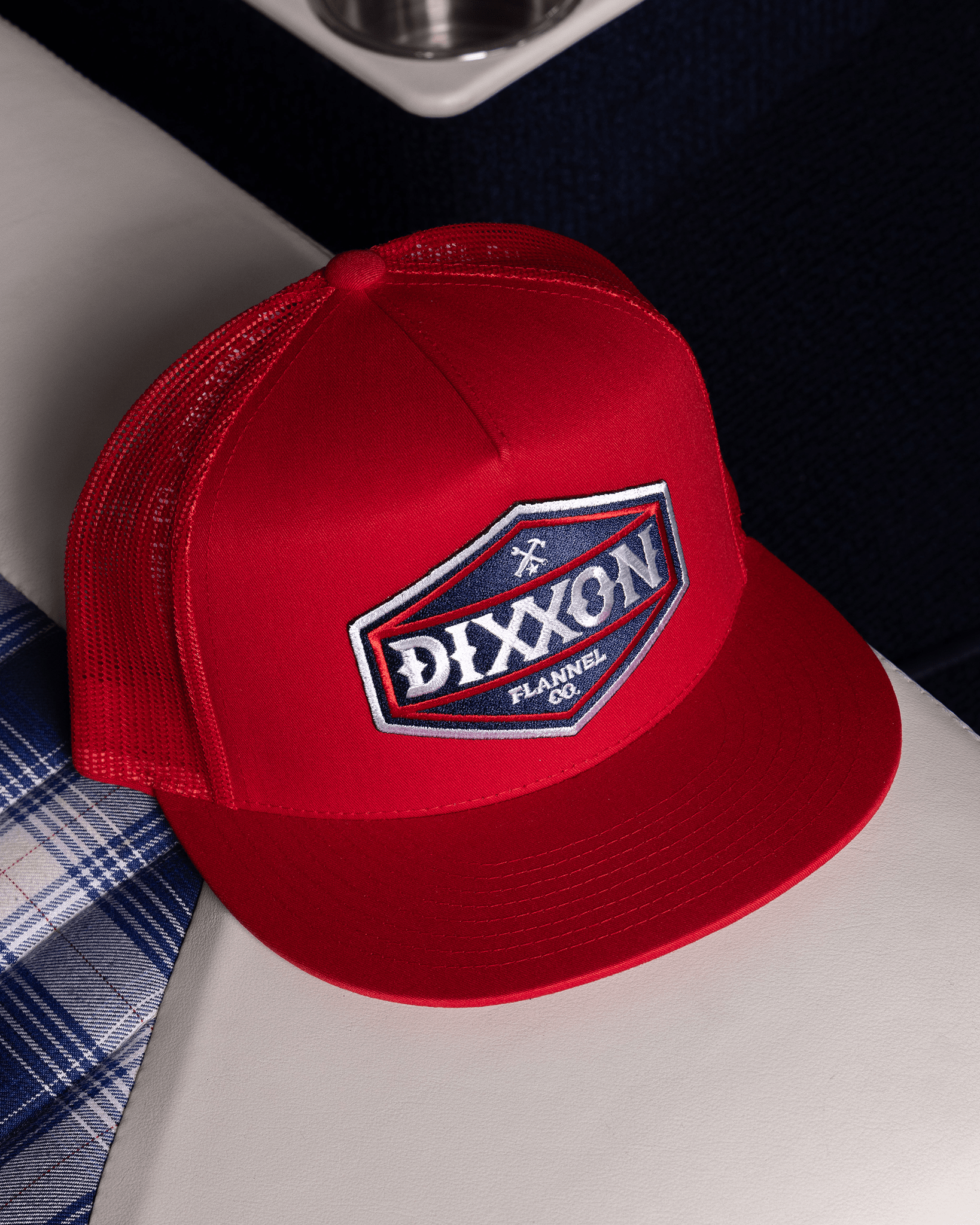 Foundry Shield Flat Bill Trucker Snapback - Blue & Red - Dixxon Flannel Co. view 2