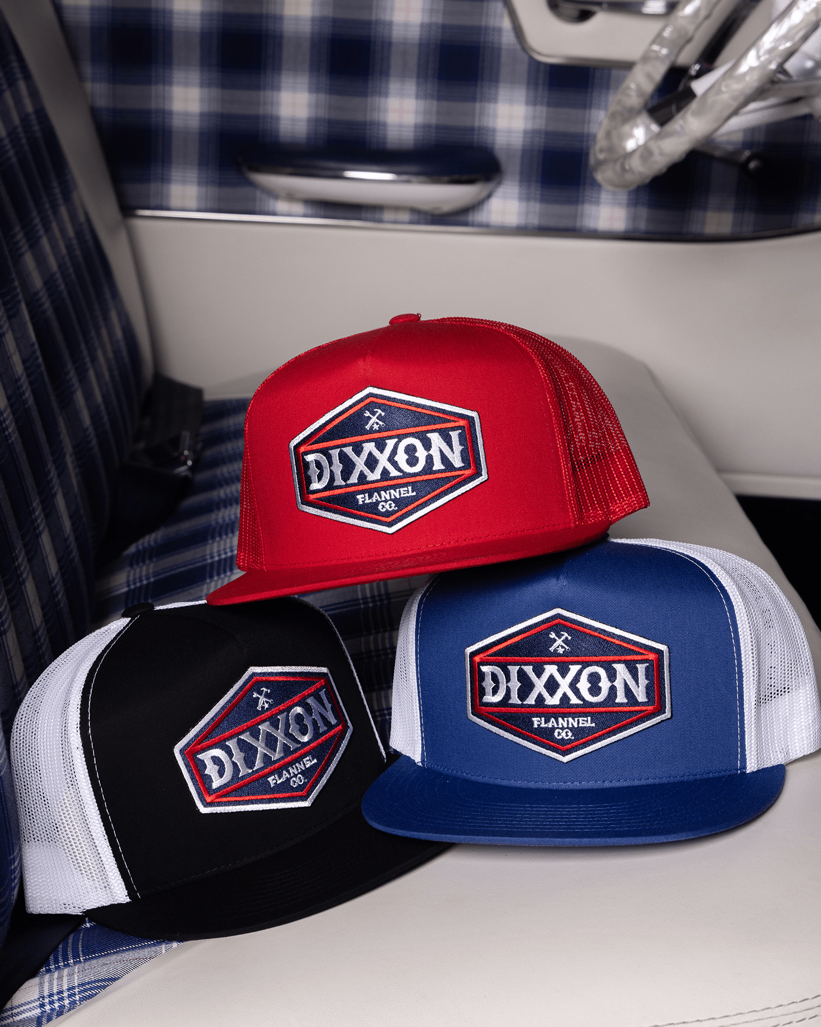 Foundry Shield Flat Bill Trucker Snapback - Blue & Red - Dixxon Flannel Co. view 1