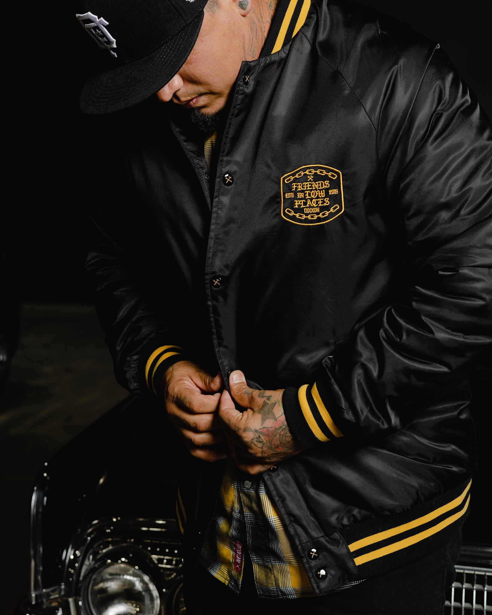Friends in Low Places Nylon Varsity Jacket - Black - Dixxon Flannel Co.