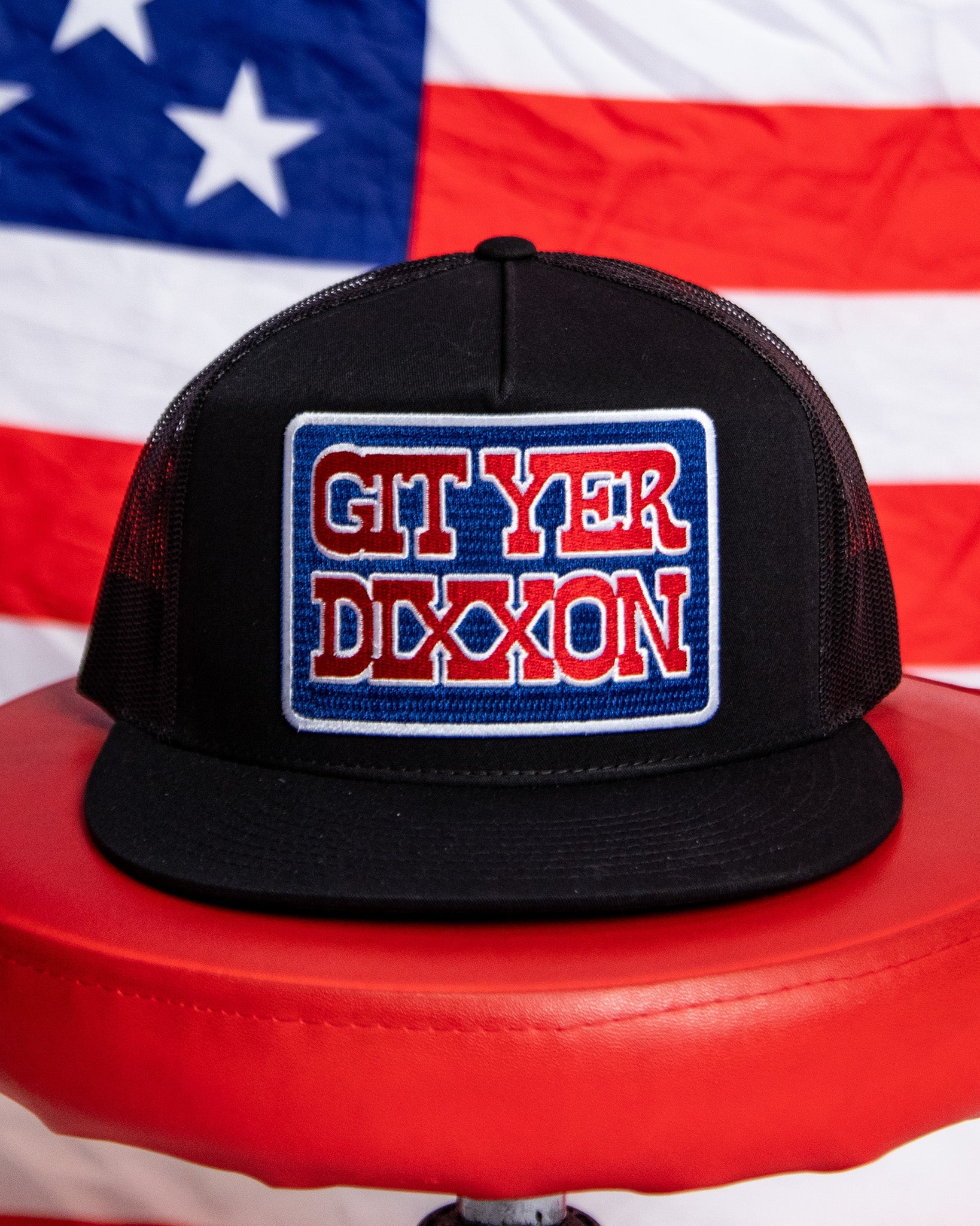 Git Yer Dixxon Flat Bill Trucker Snapback - Red, White, & Blue - Dixxon Flannel Co.