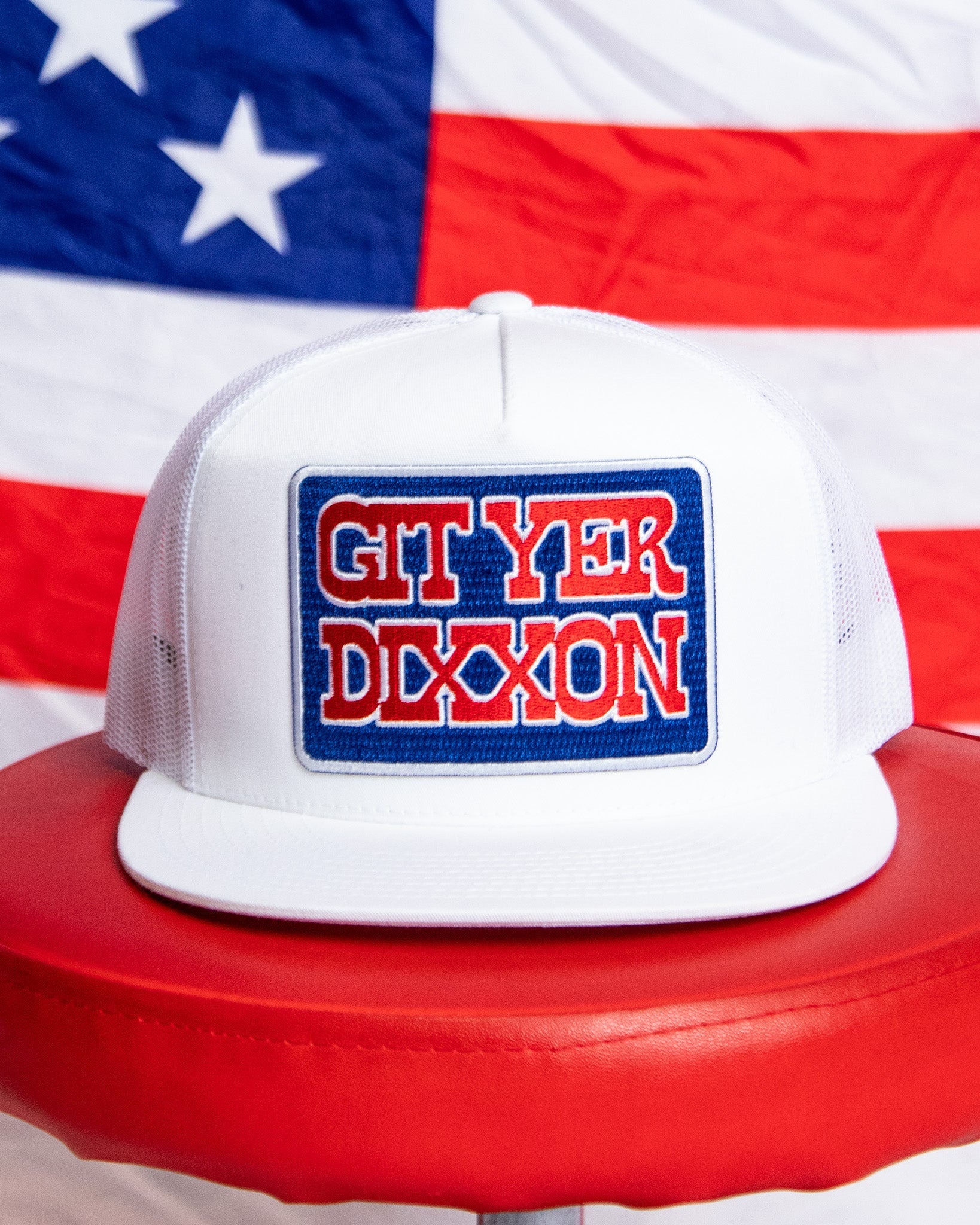 Git Yer Dixxon Flat Bill Trucker Snapback - Red, White, & Blue - Dixxon Flannel Co.