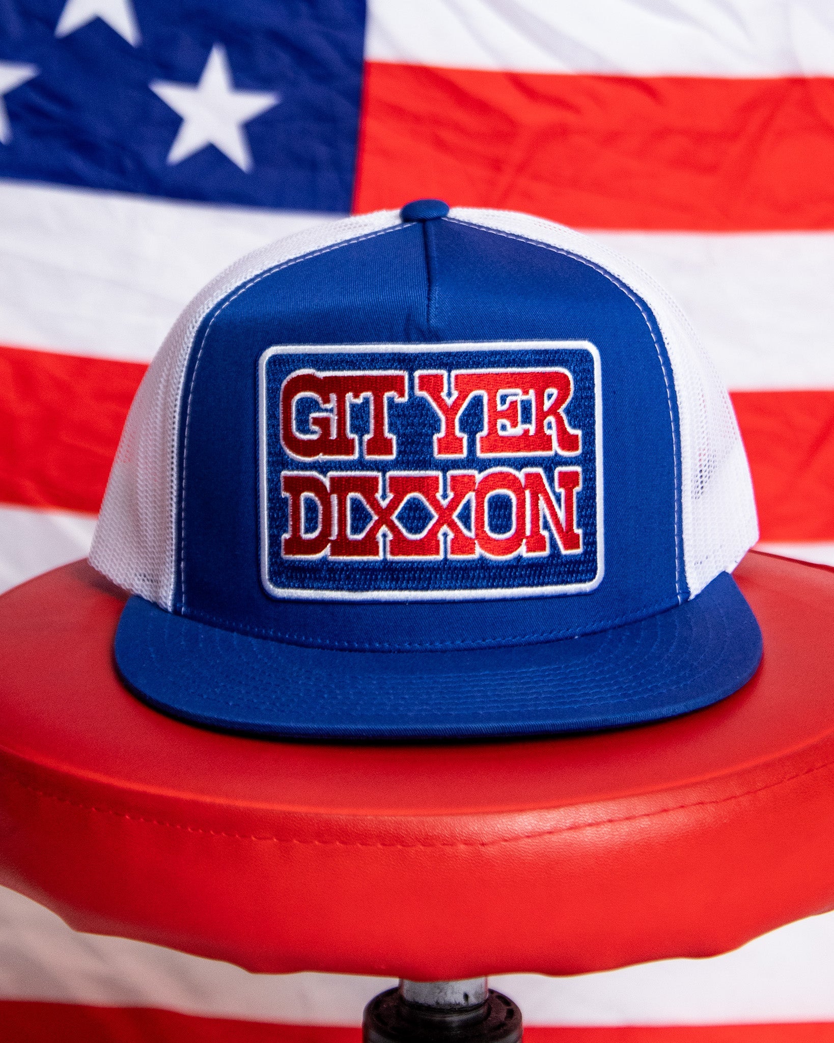 Git Yer Dixxon Flat Bill Trucker Snapback - Red, White, & Blue - Dixxon Flannel Co.