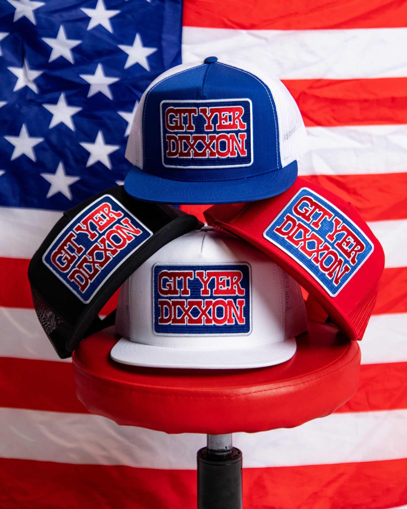 Git Yer Dixxon Flat Bill Trucker Snapback - Red, White, & Blue - Dixxon Flannel Co.