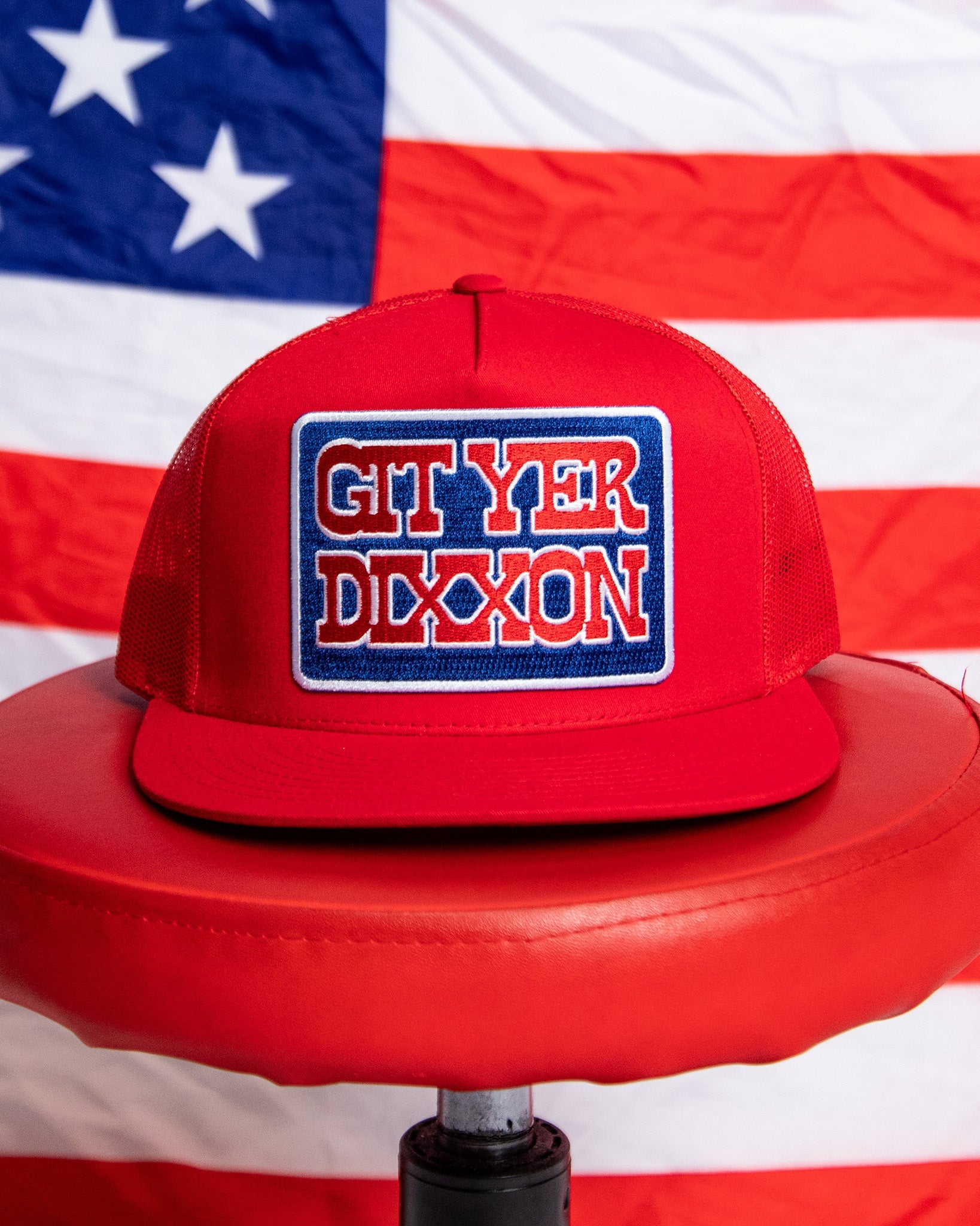 Git Yer Dixxon Flat Bill Trucker Snapback - Red, White, & Blue - Dixxon Flannel Co.