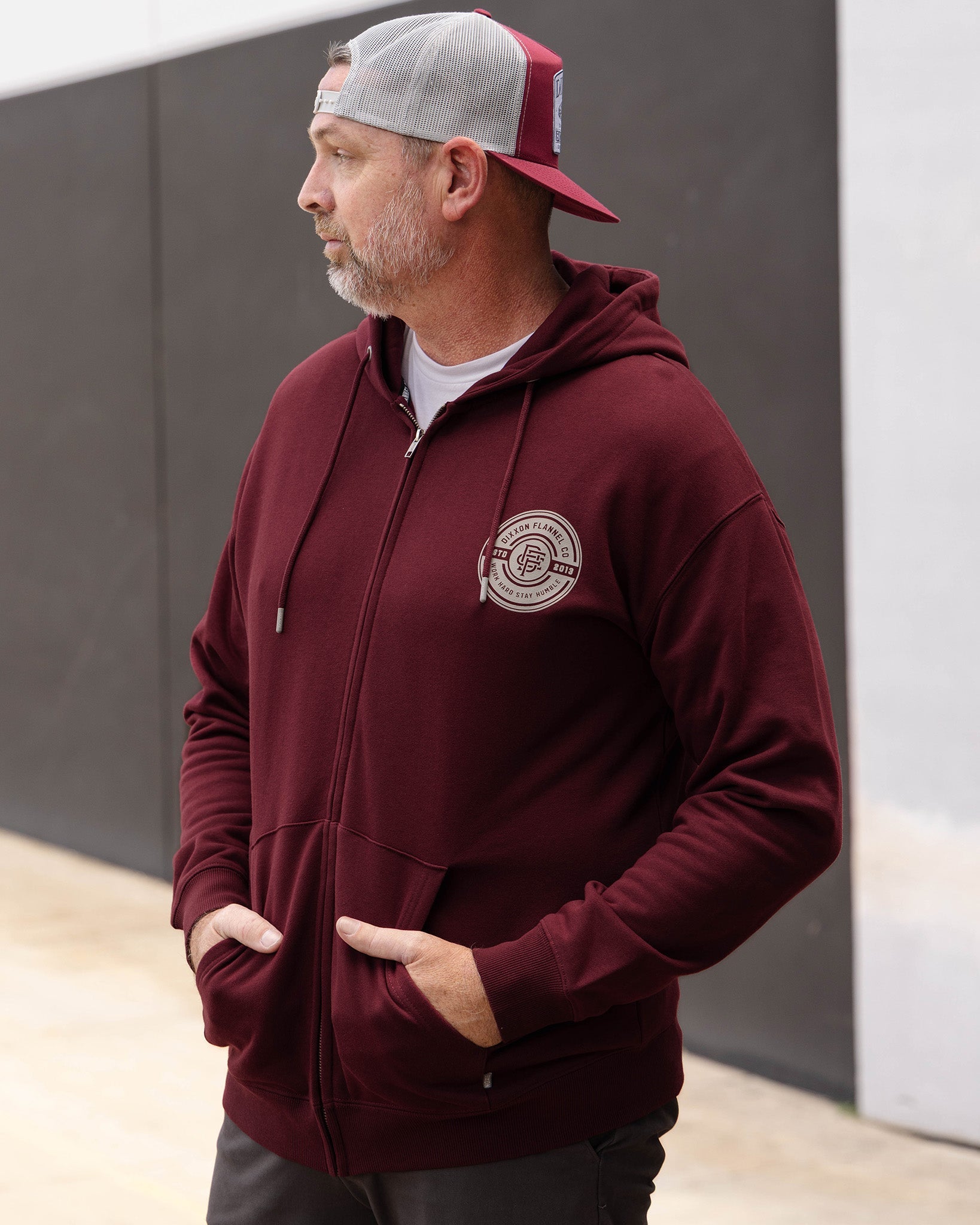 Gray Work Hard Badge Zip Up - Maroon - Dixxon Flannel Co.