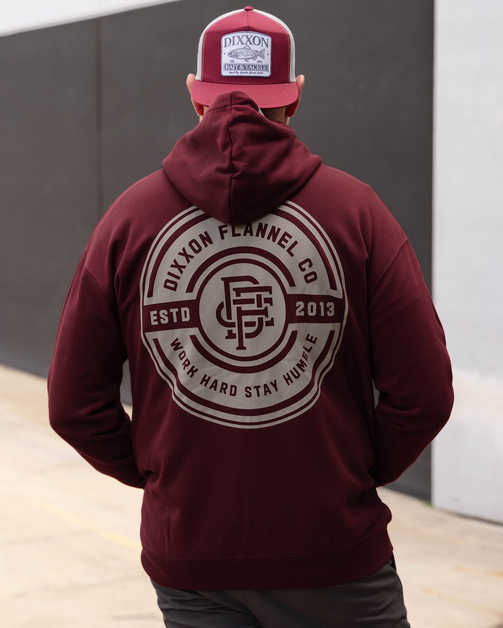 Gray Work Hard Badge Zip Up - Maroon | Dixxon Flannel Co.