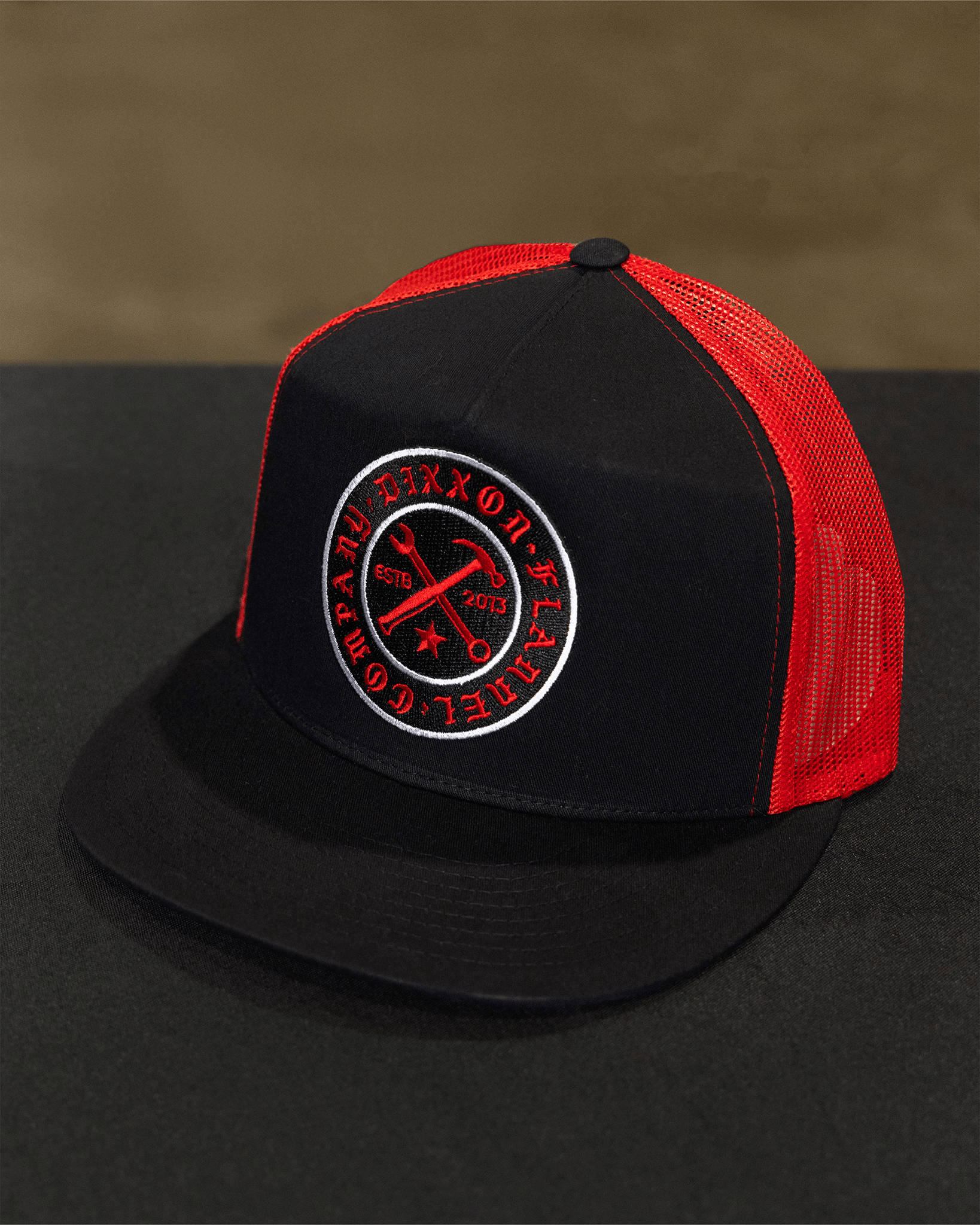 Nameplate Flat Bill Trucker Snapback - Red - Dixxon Flannel Co.