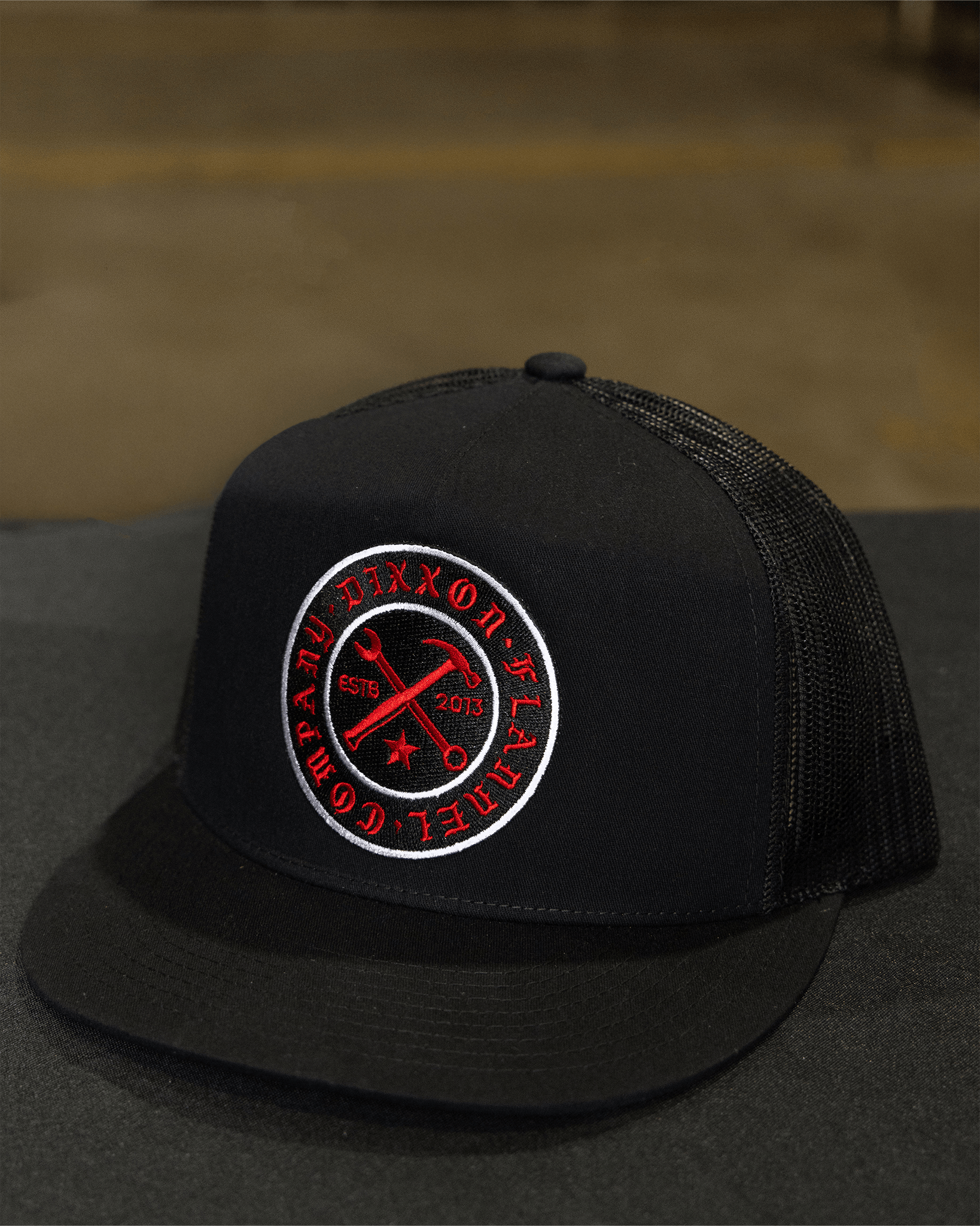 Nameplate Flat Bill Trucker Snapback - Red - Dixxon Flannel Co.