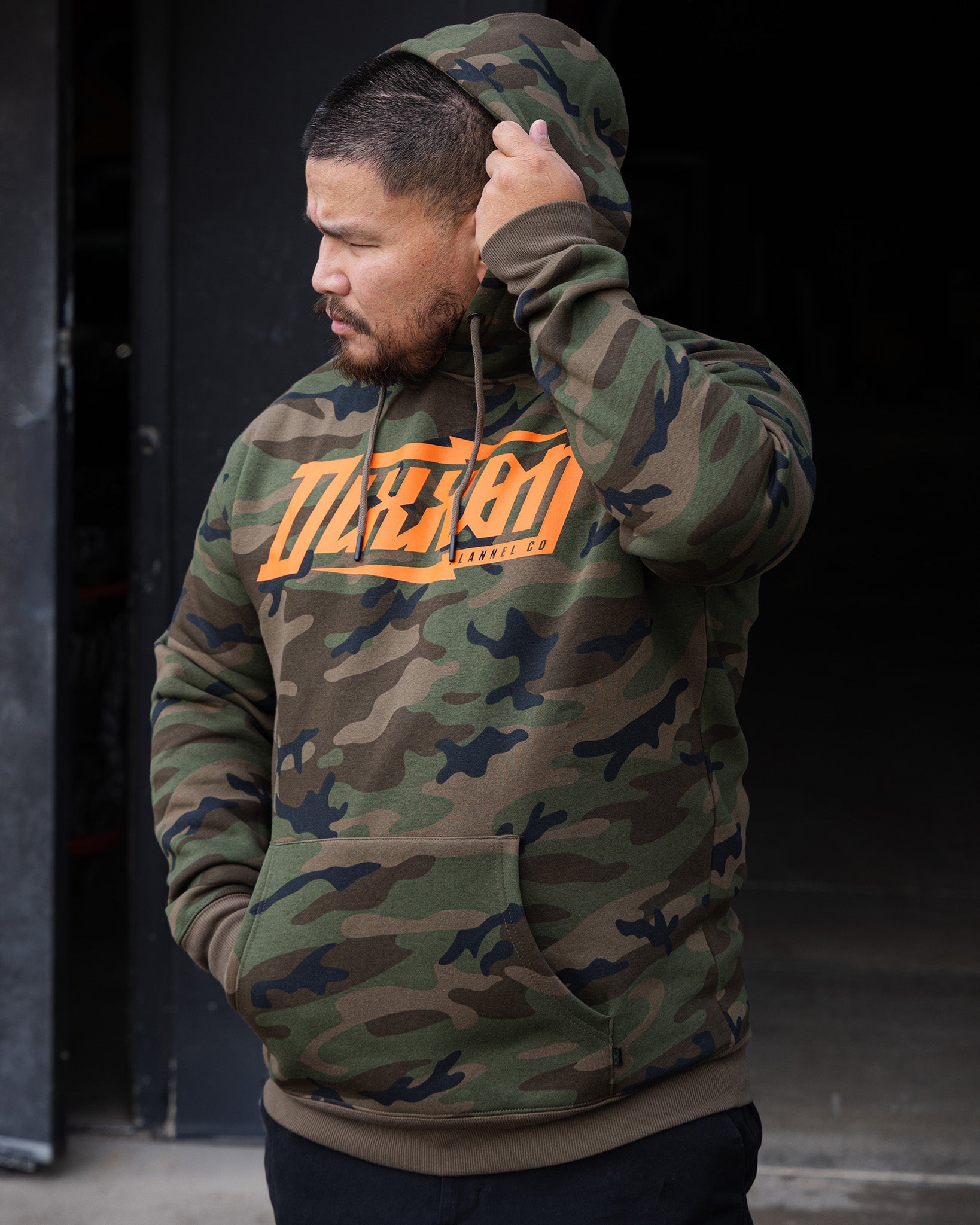 Orange Bolt Pullover Hoodie - Green Camo | Dixxon Flannel Co.