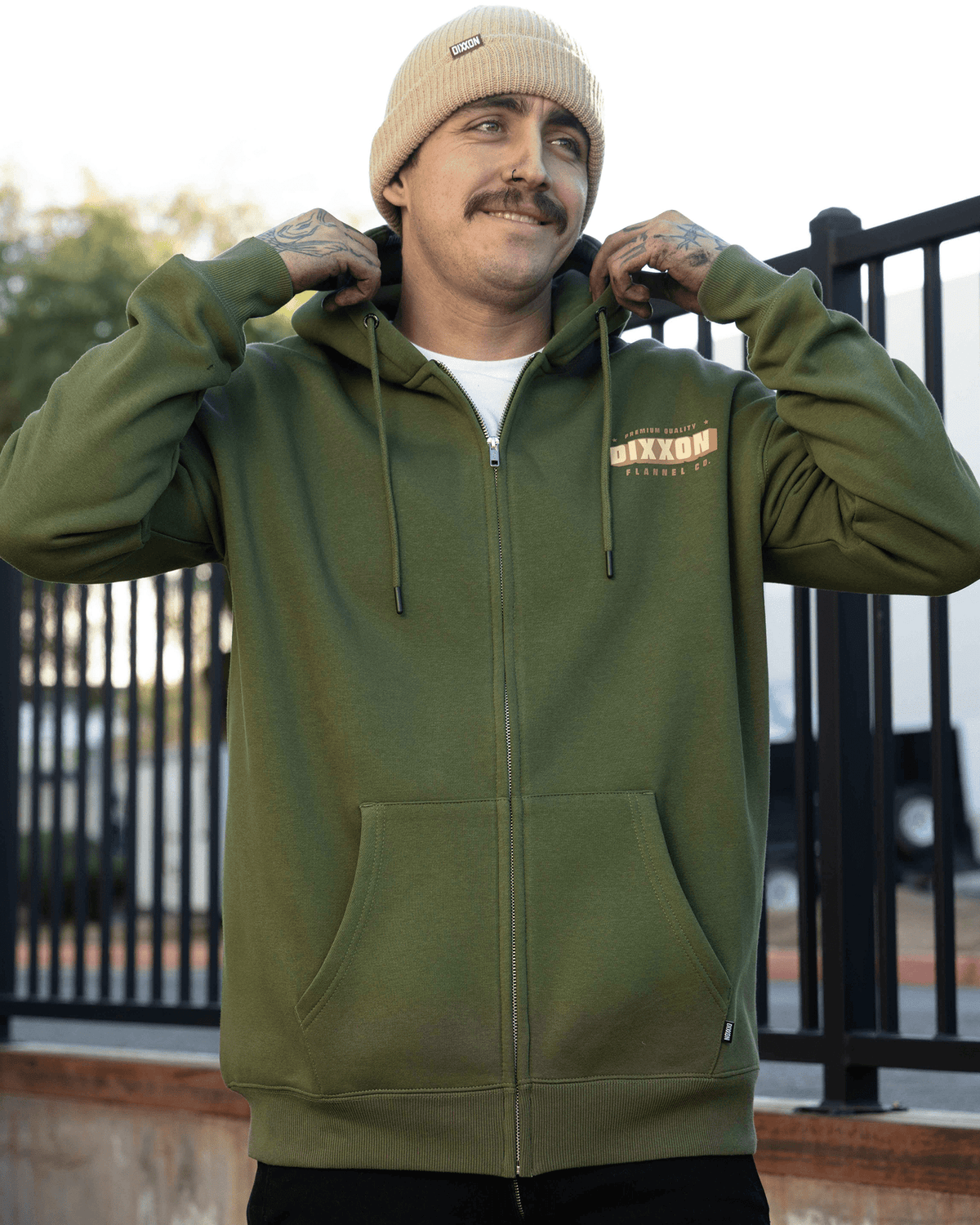 Tan Grille Zip Up Hoodie - O.D. Green - view 6