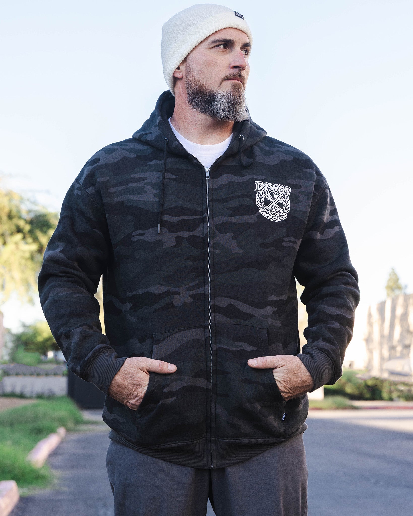 White Party Crest Zip Up Hoodie - Black Camo - Dixxon Flannel Co.