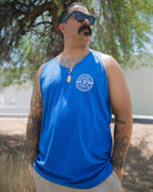White Work Hard Badge Tank - Blue - Dixxon Flannel Co.